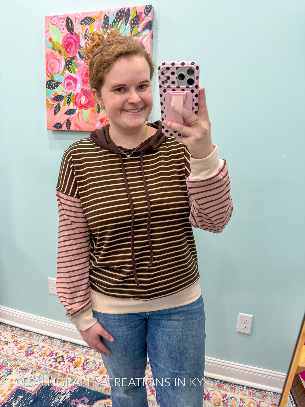 Neutral Colorblock Stripe Hoodie Top