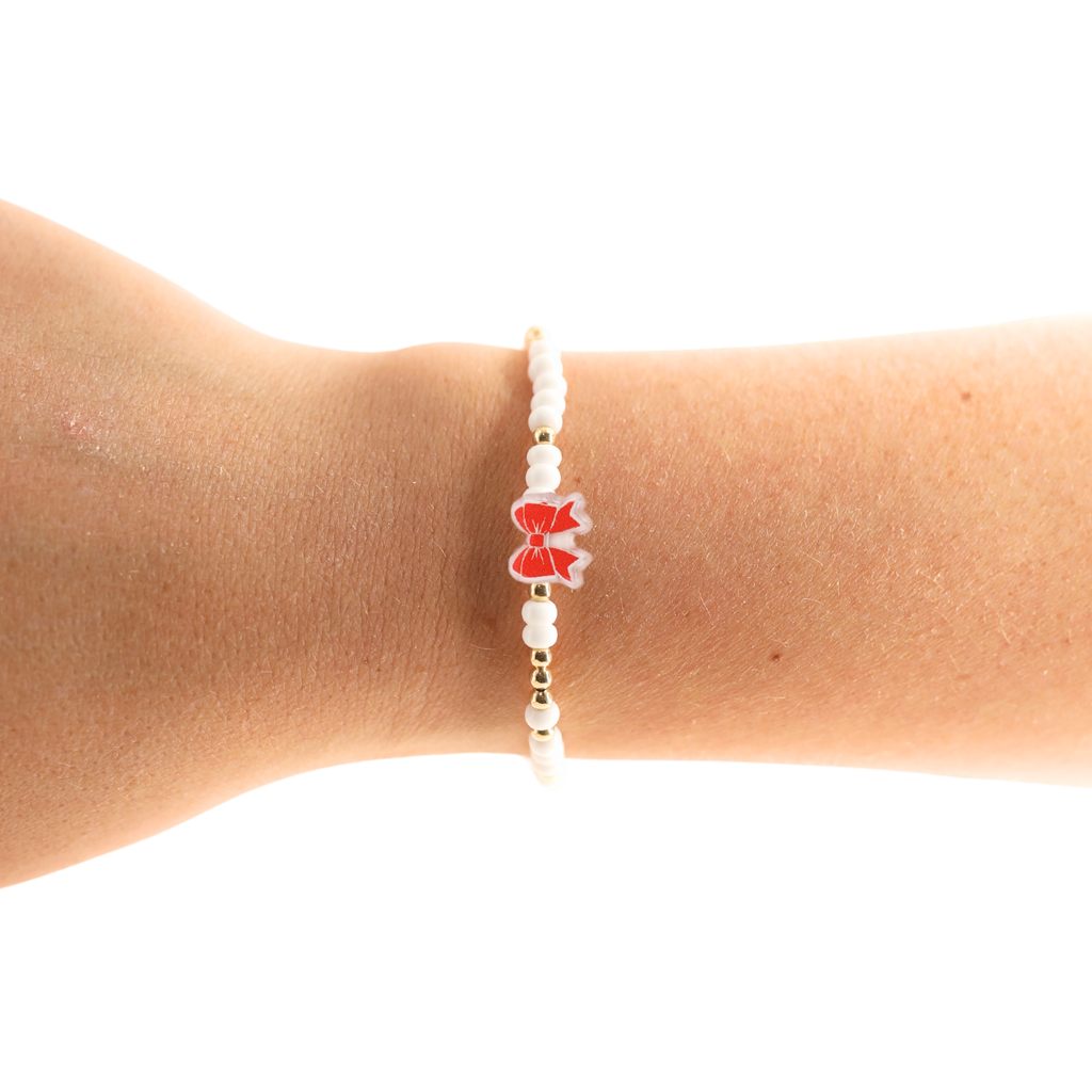 Red and White Bow Bracelet: Standard 6.75 inch / Sprinkle | Beaded Blondes