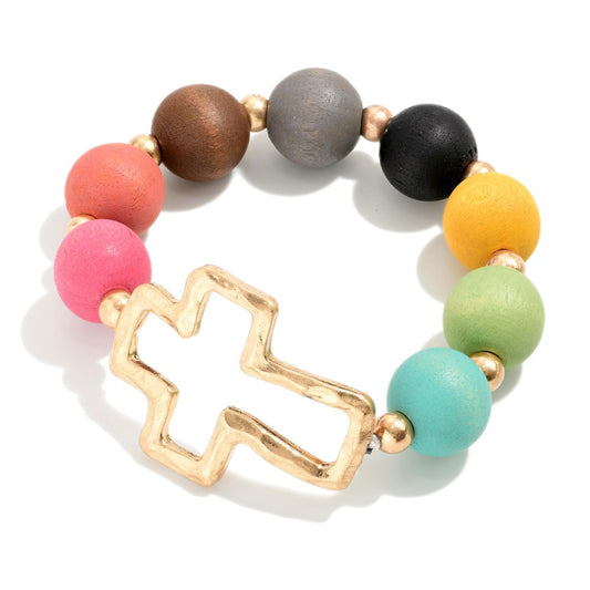 Multi Wooden Bead Cross Bracelet