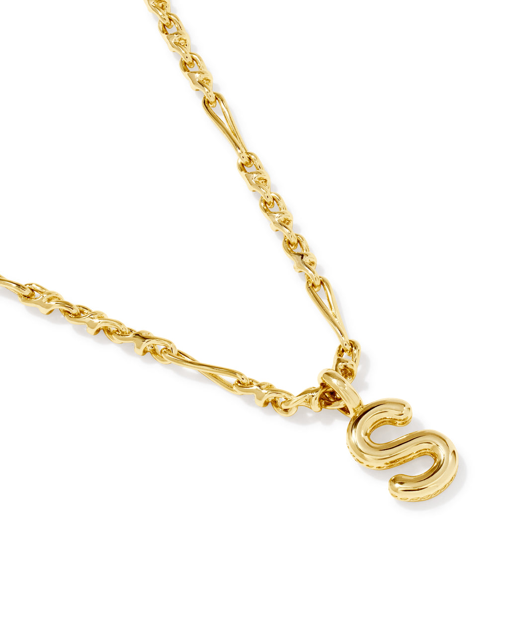 A close-up of a gold chain necklace featuring a polished, stylized letter 'S' pendant, shown against a clean white background.