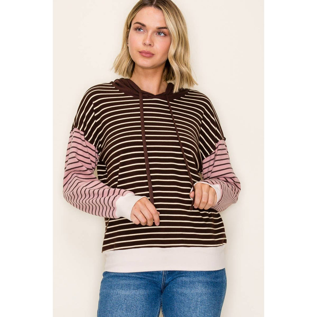 Neutral Colorblock Stripe Hoodie Top