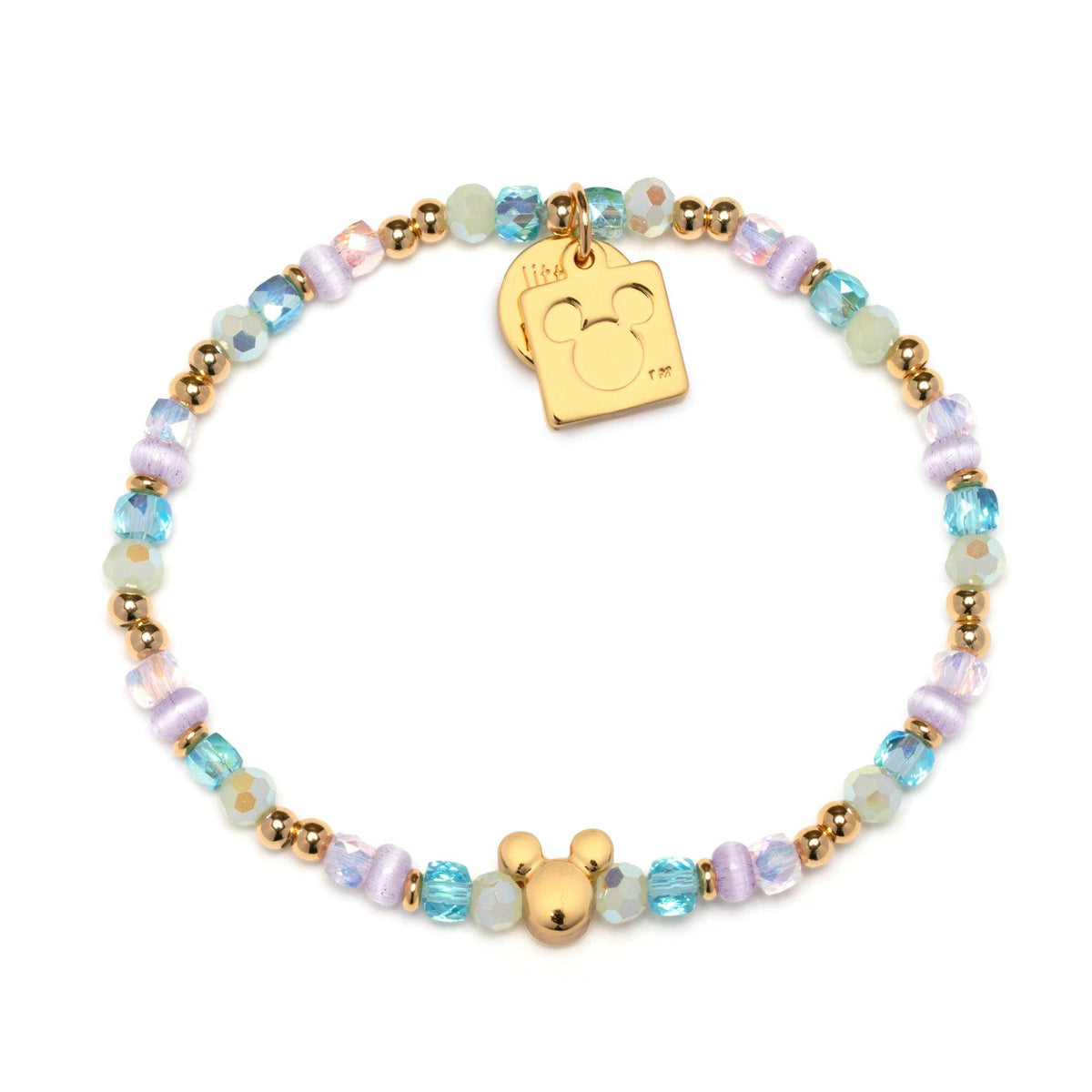 A beaded stretch bracelet featuring light blue, lavender, and iridescent beads with gold spacer beads, a gold Mickey Mouse head charm, and a gold square tag charm.