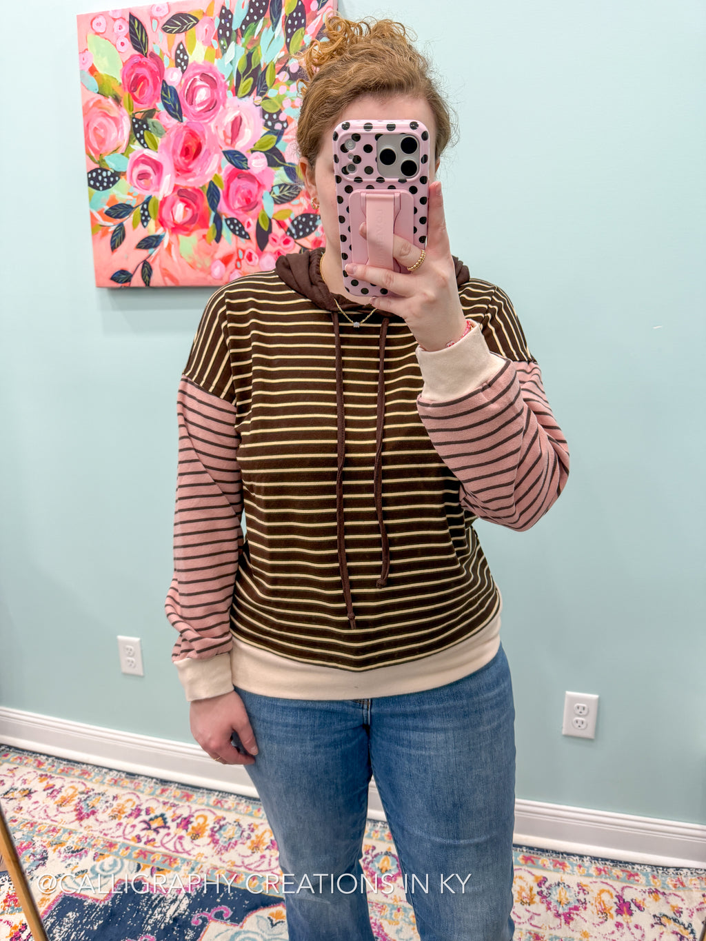 Neutral Colorblock Stripe Hoodie Top