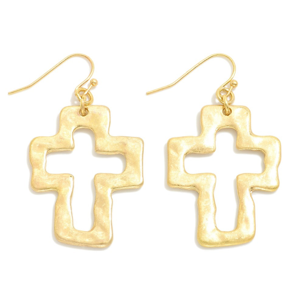 Gold Hammered Cross Earrings