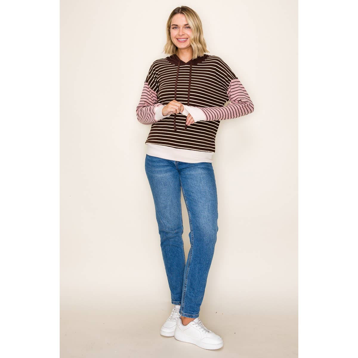 Neutral Colorblock Stripe Hoodie Top