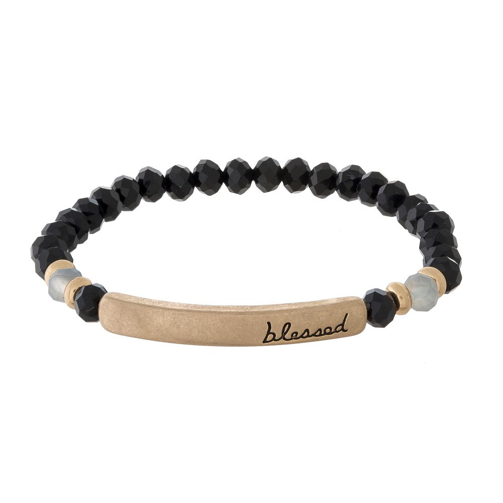 Black Beaded “Blessed” Bracelet
