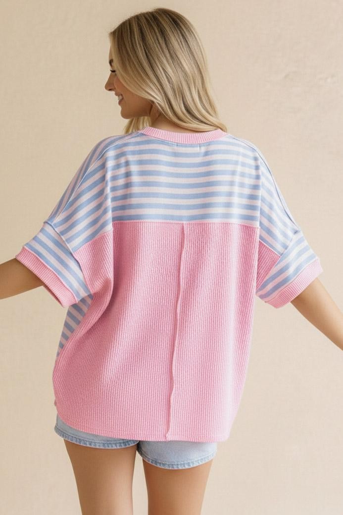 Oversized Blue & Pink Stripe Top