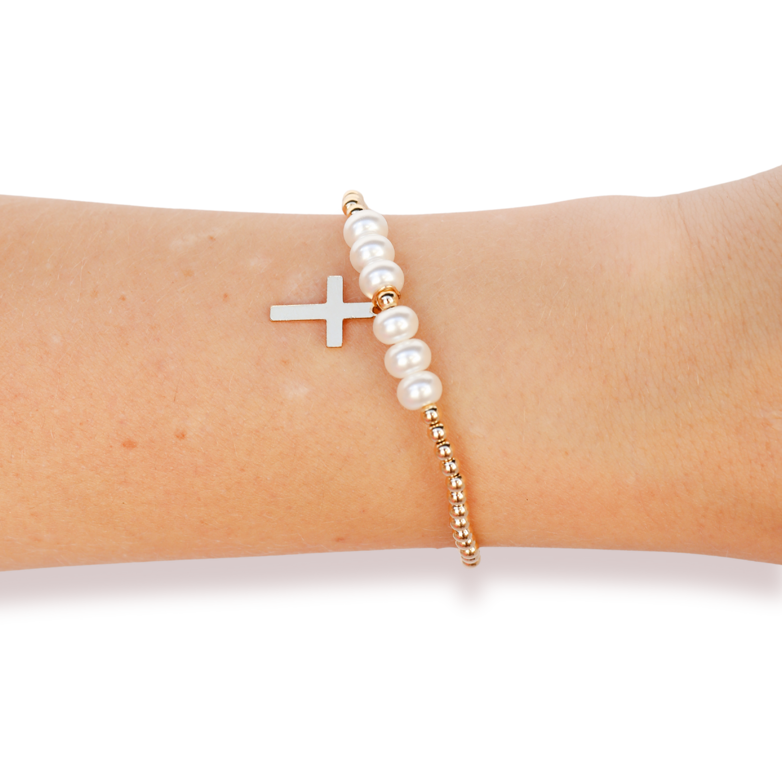 Cross + Pearl Gold Charm Beaded Blondes Bracelet: Standard 6.75 inch
