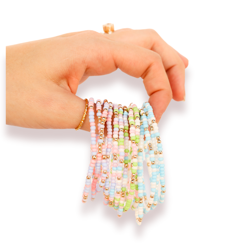 Pastel Blue & White Sprinkle Bracelet: Standard 6.75 inch | Beaded Blondes