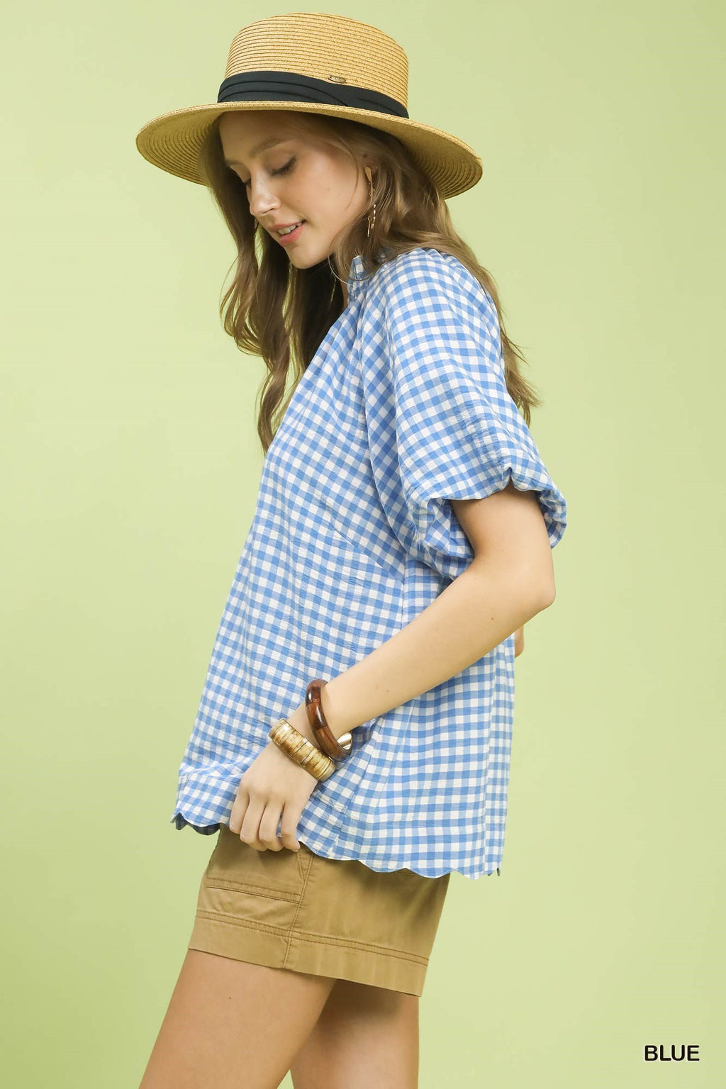 Blue gingham scallop top