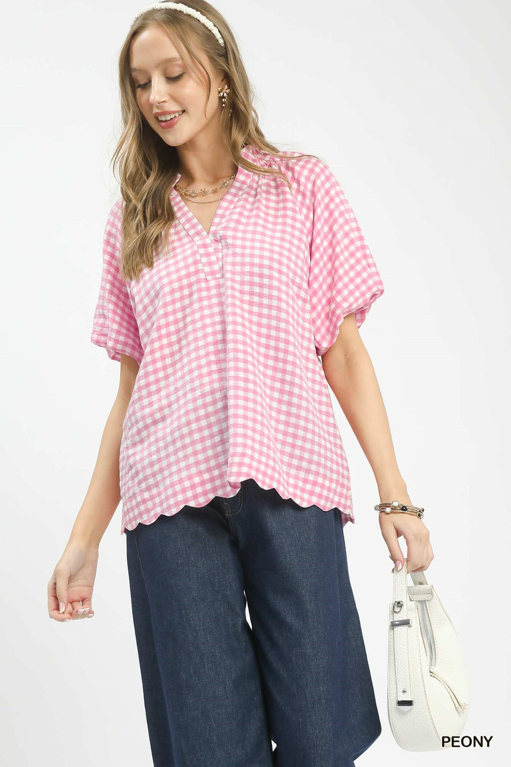 Pink gingham scallop top