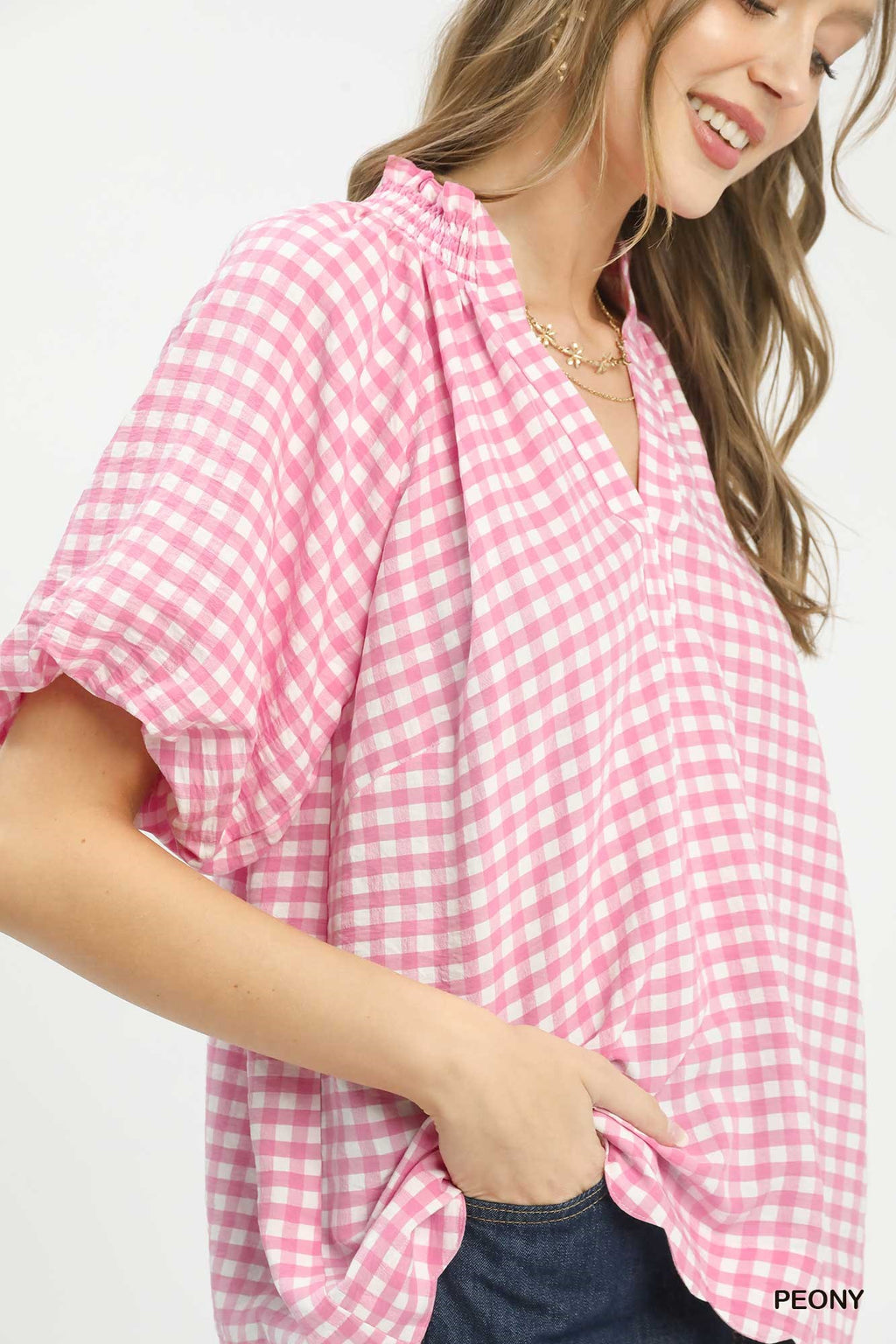 Pink gingham scallop top