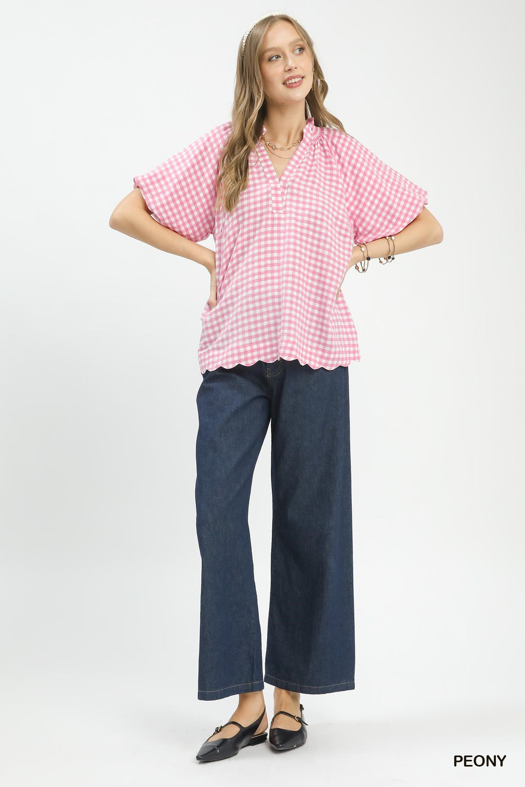 Pink gingham scallop top
