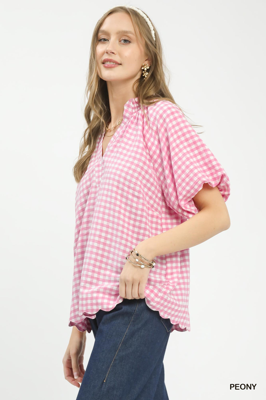 Pink gingham scallop top