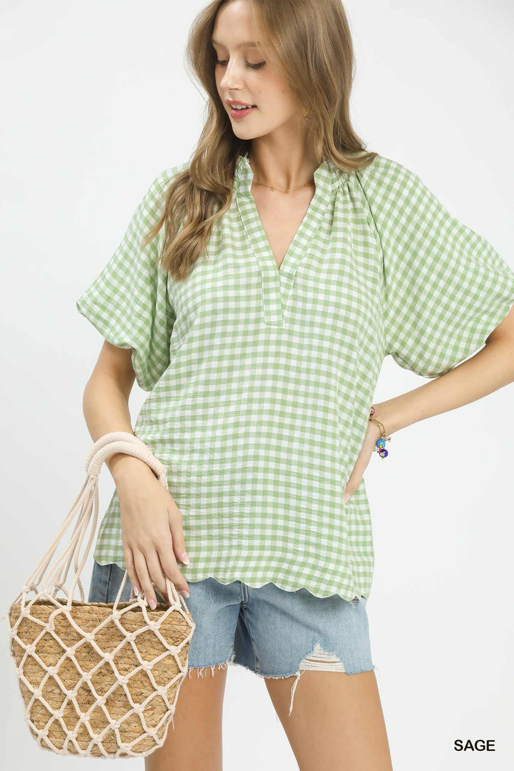 Sage gingham scallop top