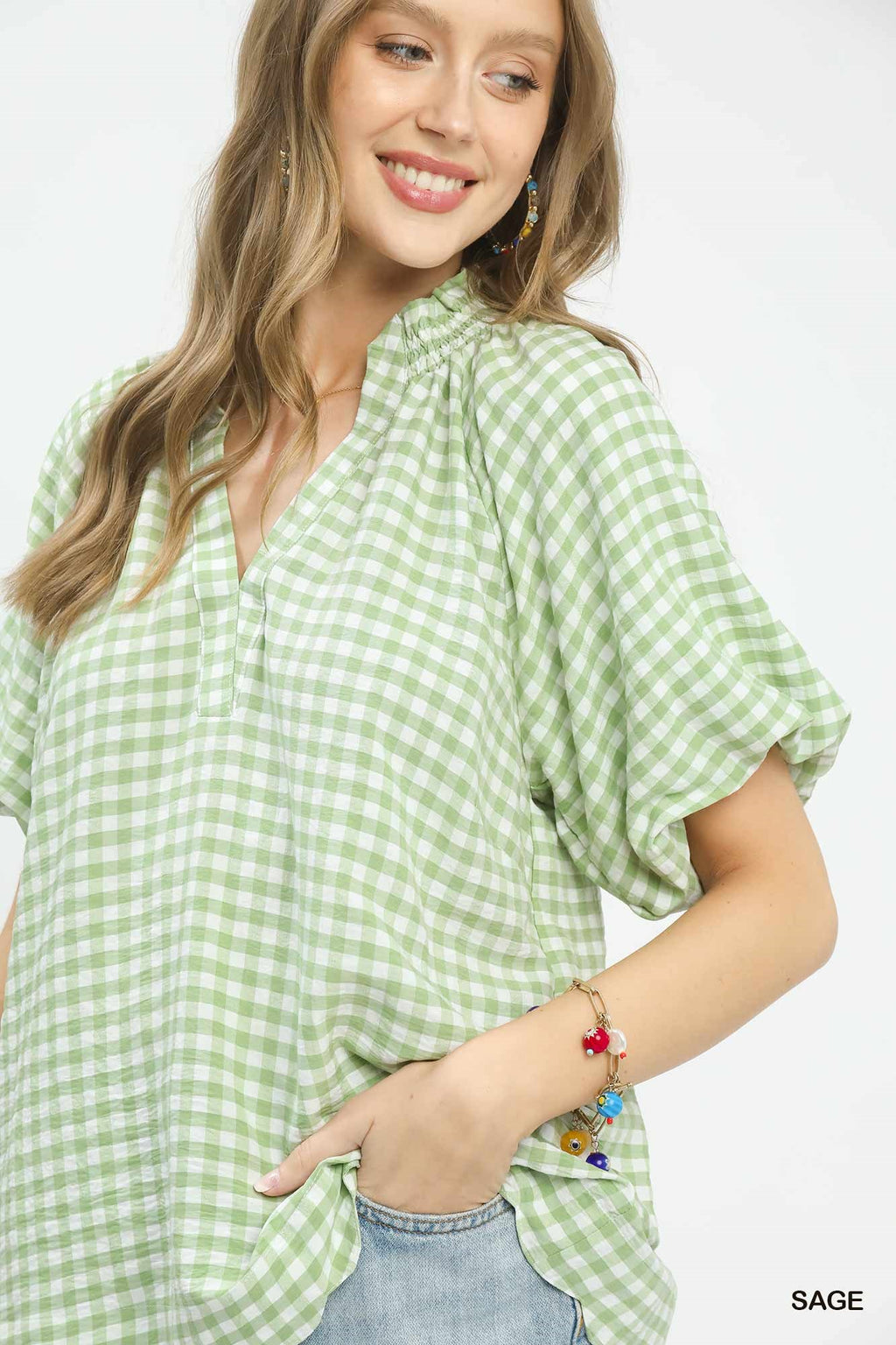 sage gingham scallop top