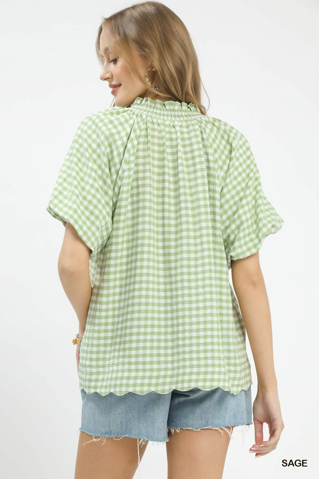 sage gingham scallop top