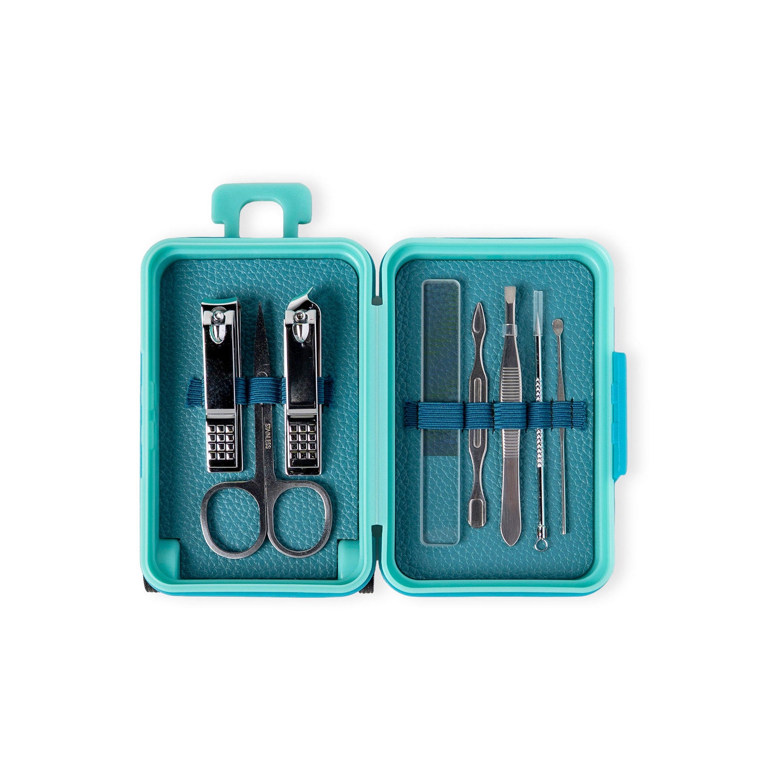 Turquoise case with nail tools on a white background