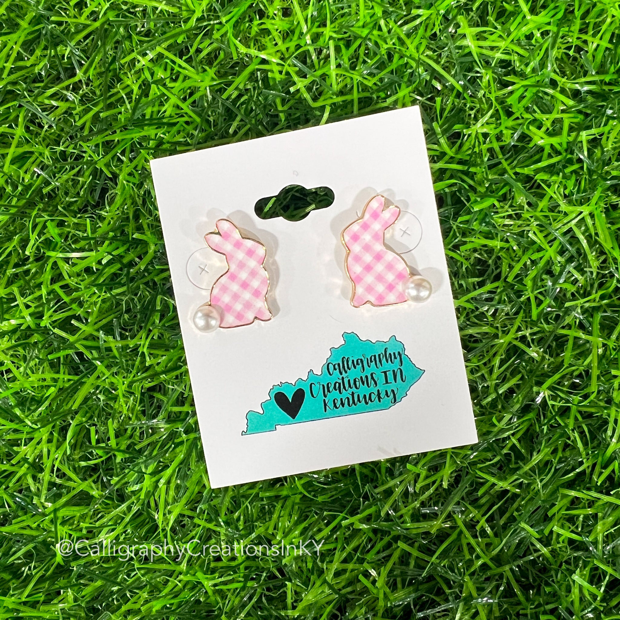 Plaid Bunny Stud Earrings - Pink