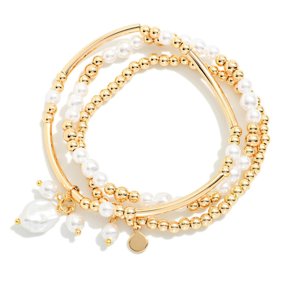 Pearl and Gold Beaded Bracelet Set