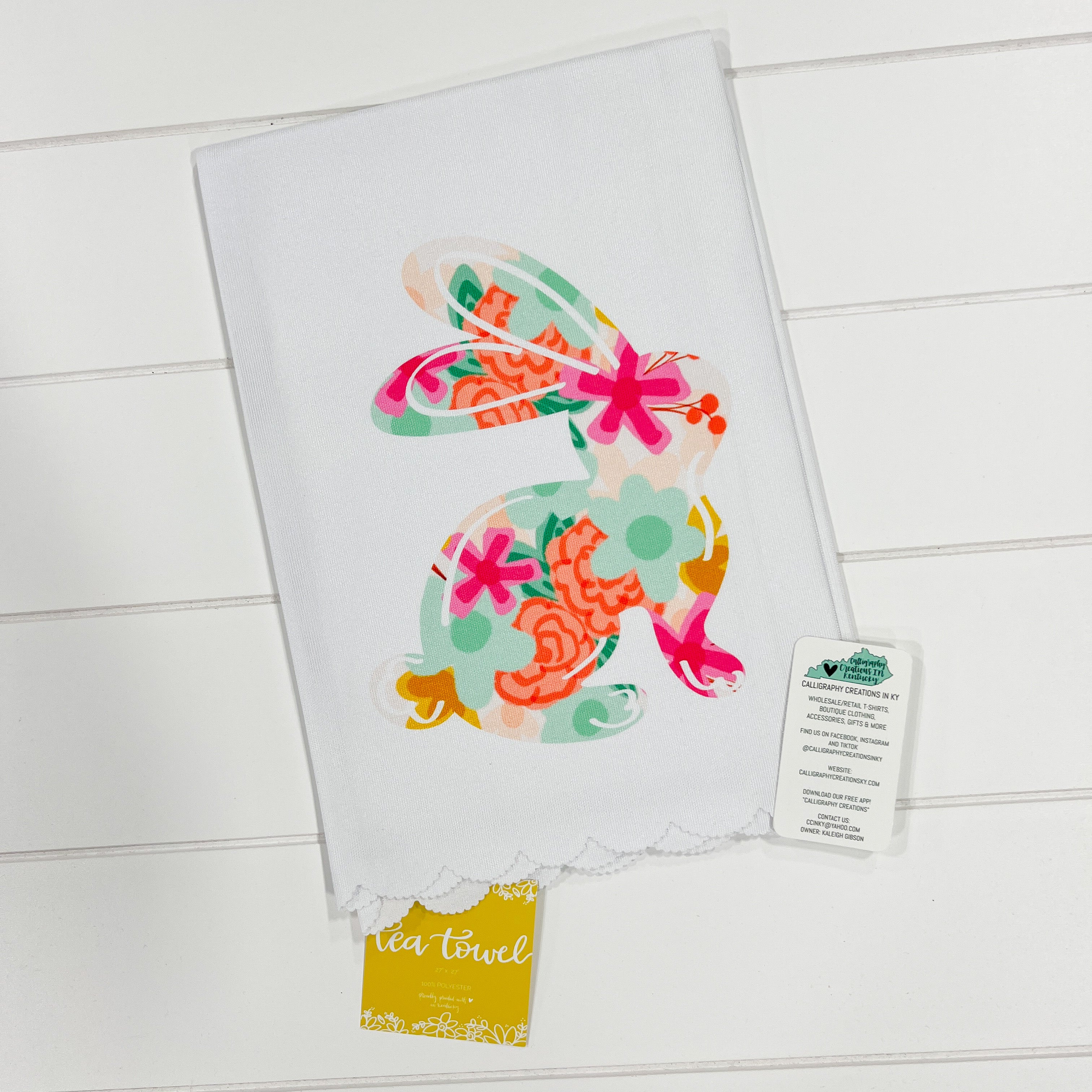 Floral Bunny Doodles By Rebekah Scalloped Tea Towel