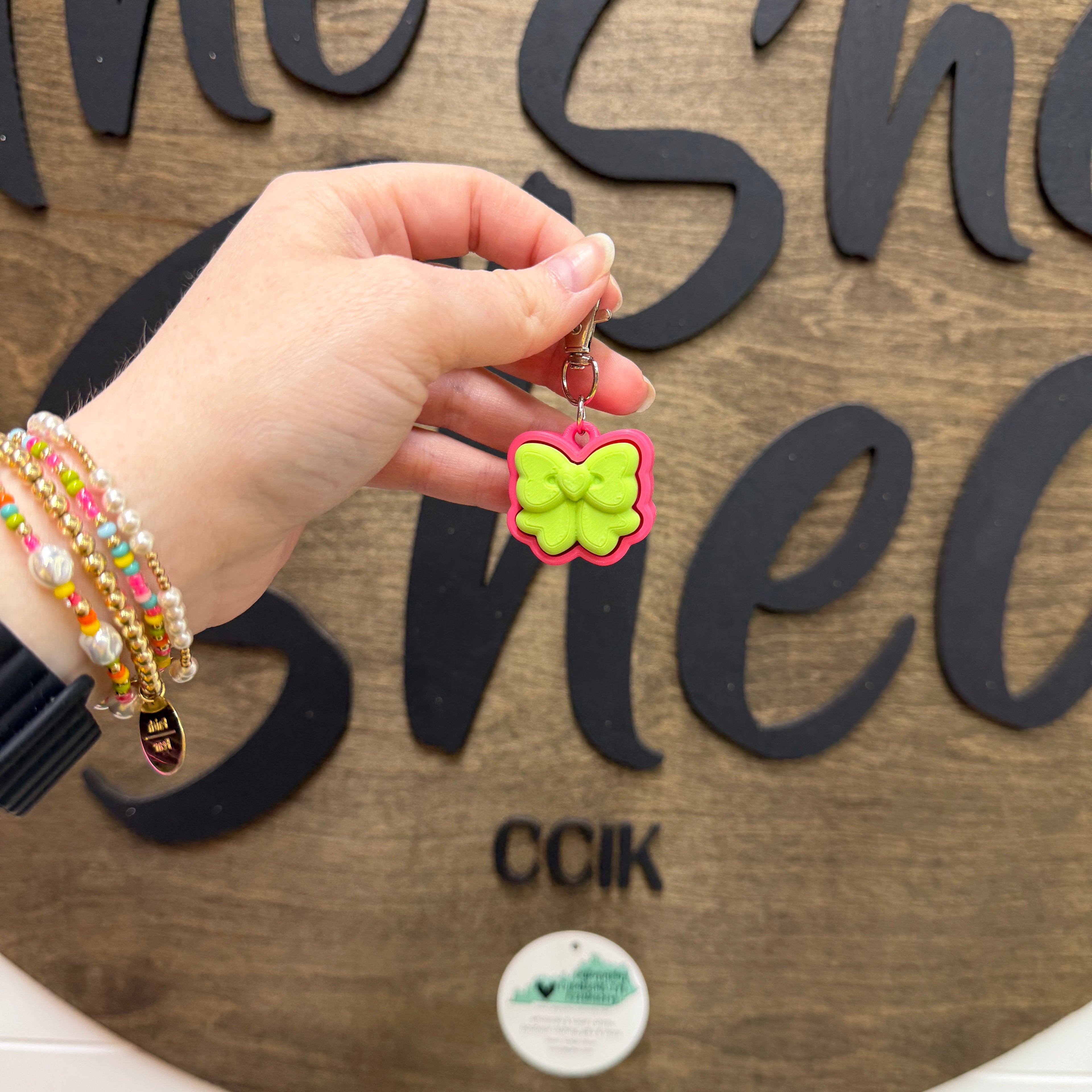 Apple Green/Hot Pink Bow Fidget Clicker Keychain