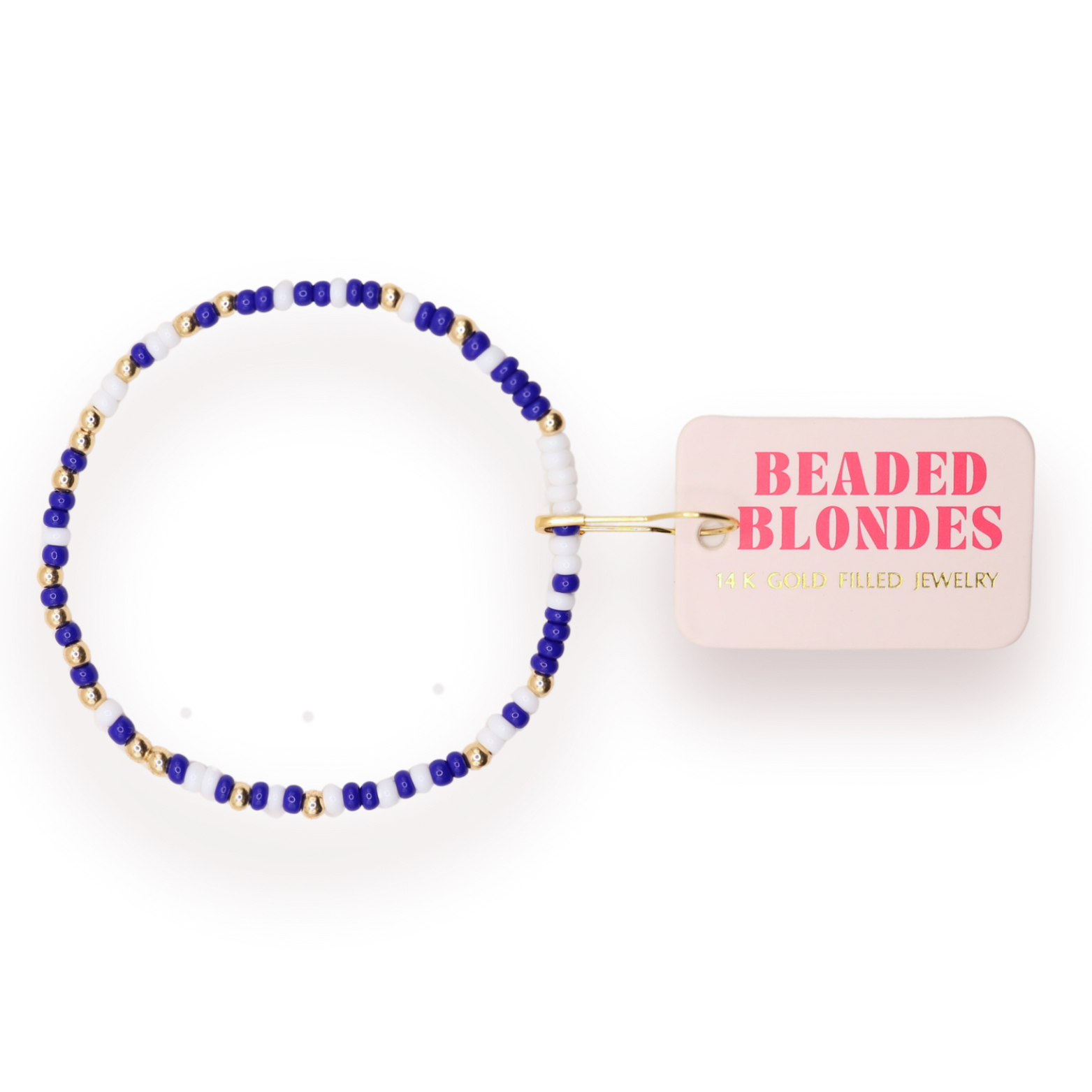 Beaded bracelet with 'Beaded Blondes' packaging on a white background