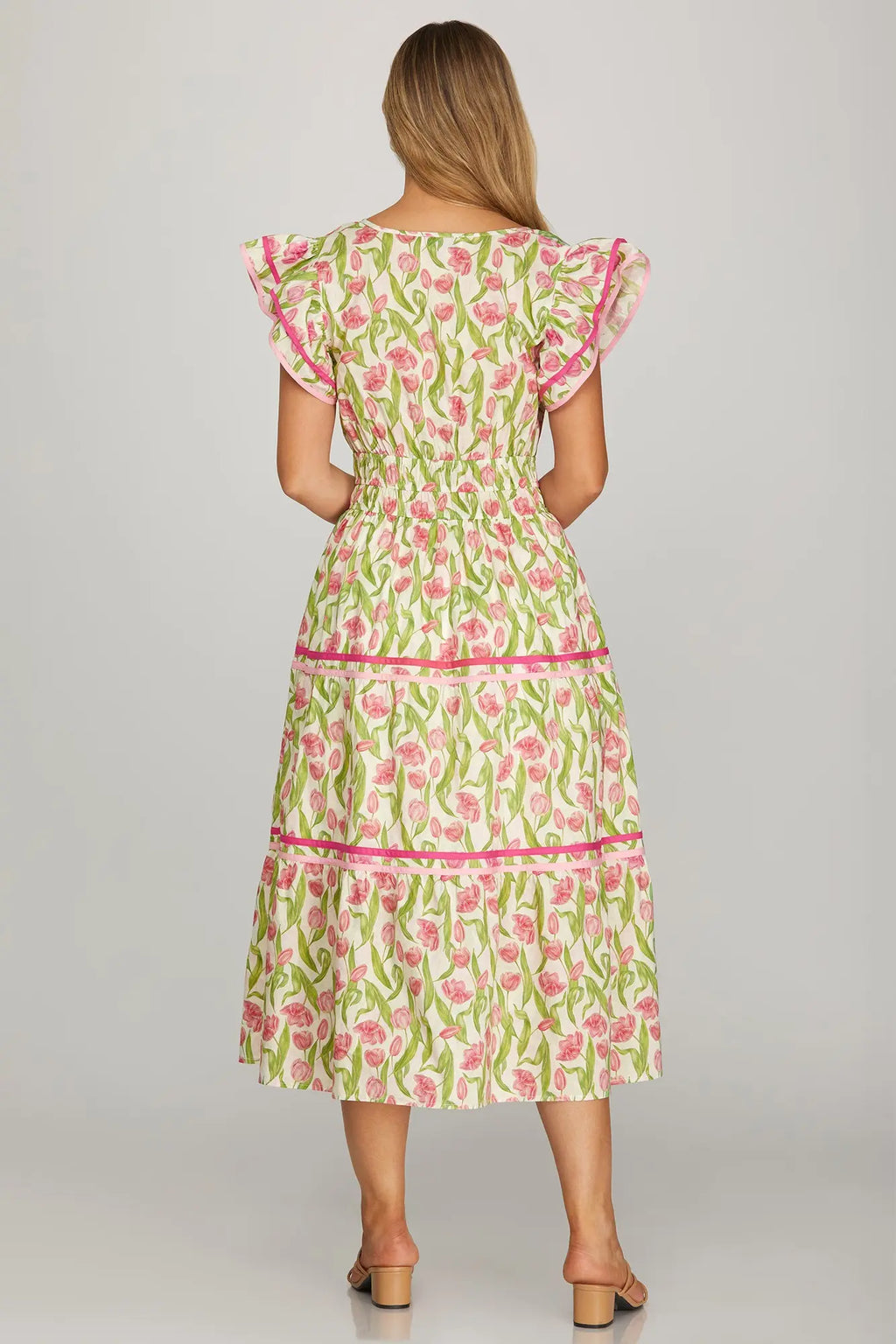 Pink Floral Tiered Midi Dress
