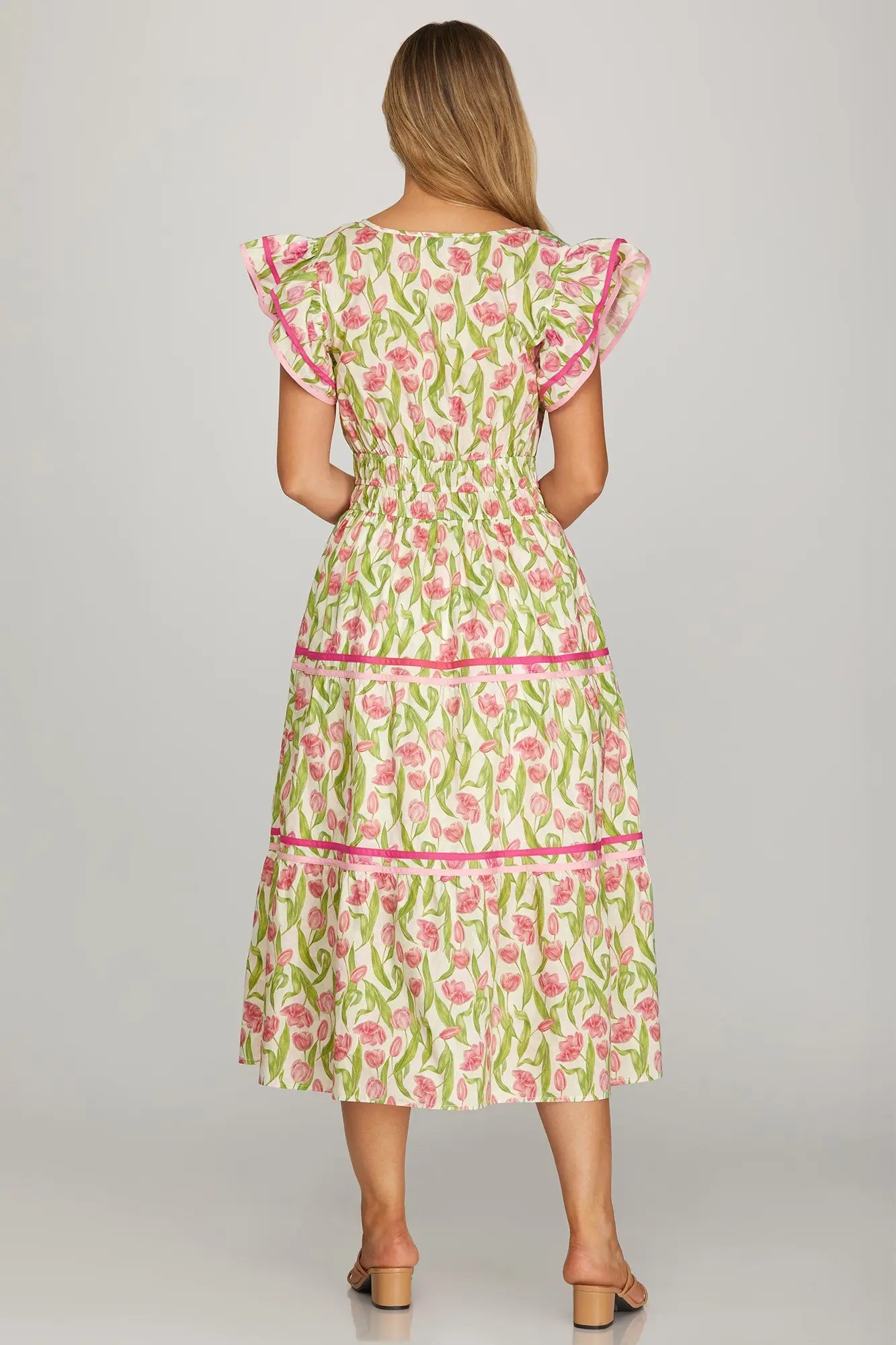 Pink Floral Tiered Midi Dress