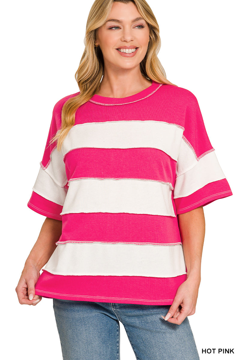Pink | French Terry Striped Exposed Seam Top