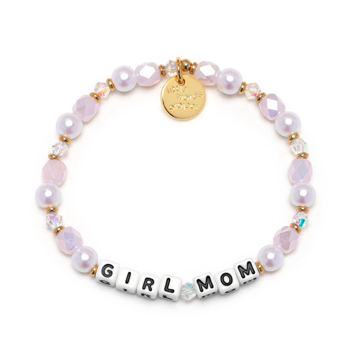 Bracelet with 'GIRL MOM' beads on a white background