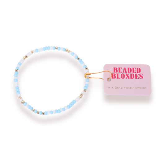 Pastel Blue & White Sprinkle Bracelet: Standard 6.75 inch | Beaded Blondes