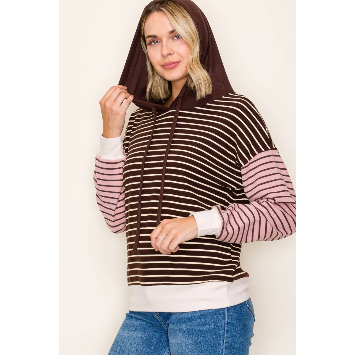 Neutral Colorblock Stripe Hoodie Top