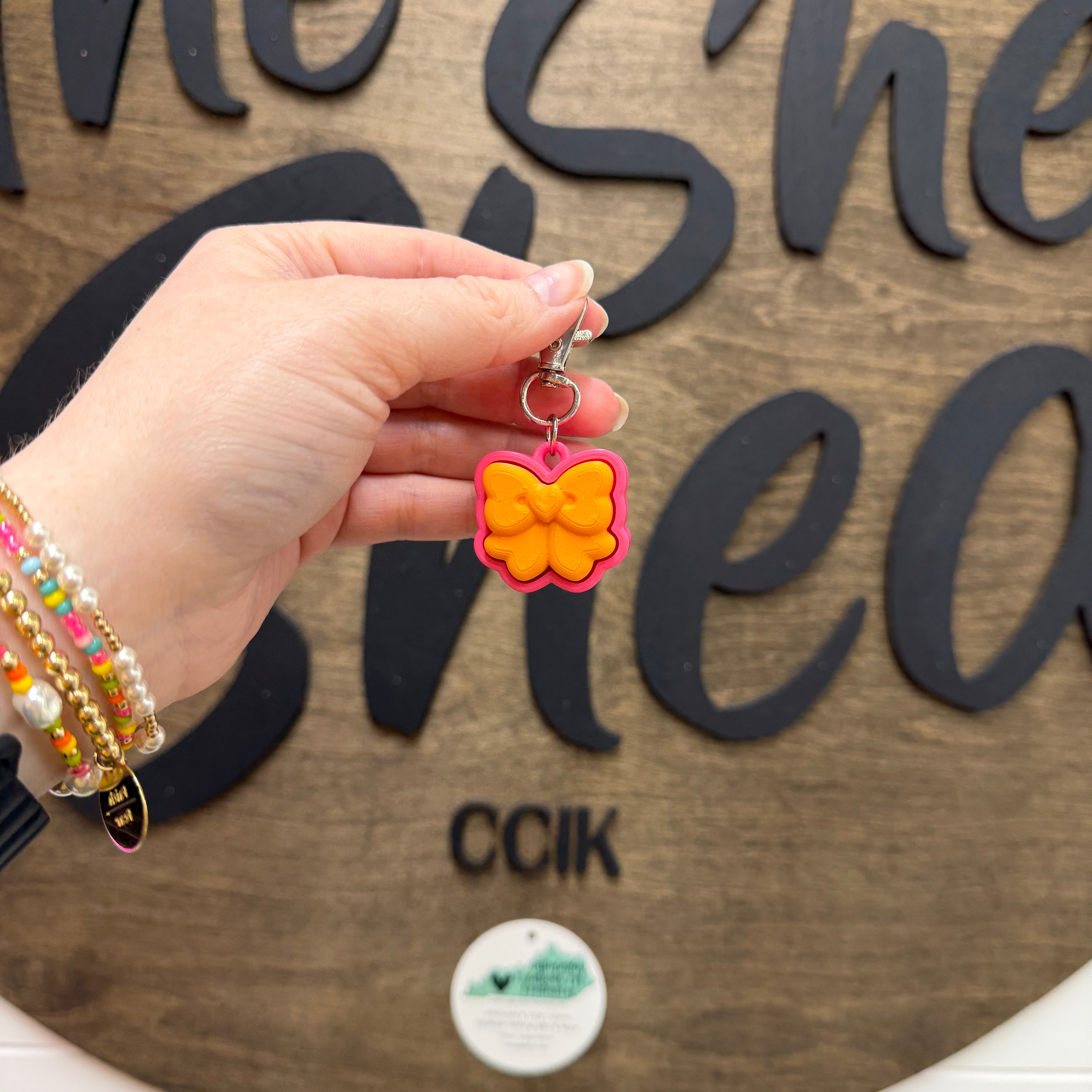 Mandarin Orange/Hot Pink Bow Fidget Clicker Keychain