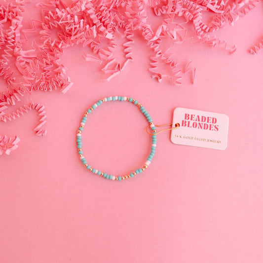 Turquoise and White Sprinkle Bracelet: Standard 6.75 inch | Beaded Blondes