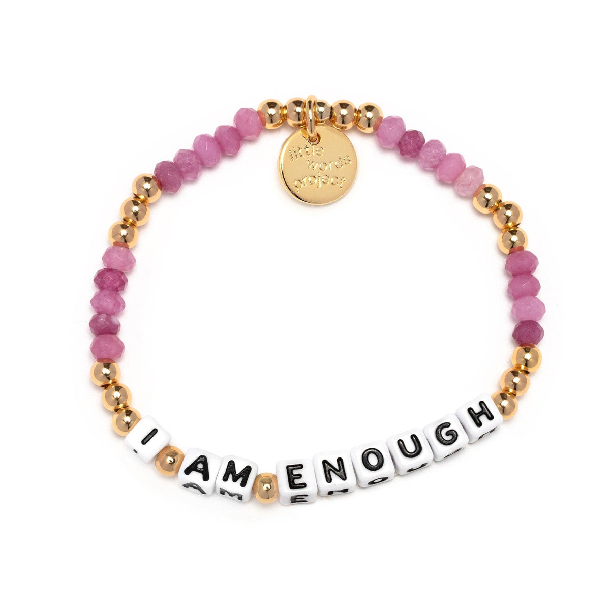 Bracelet with pink beads with lettering "I AM ENOUGH" and a gold charm on a white background 