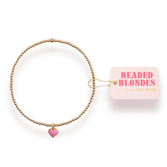 Pink Heart Charm Bracelet: Standard 6.75 inch | Beaded Blondes