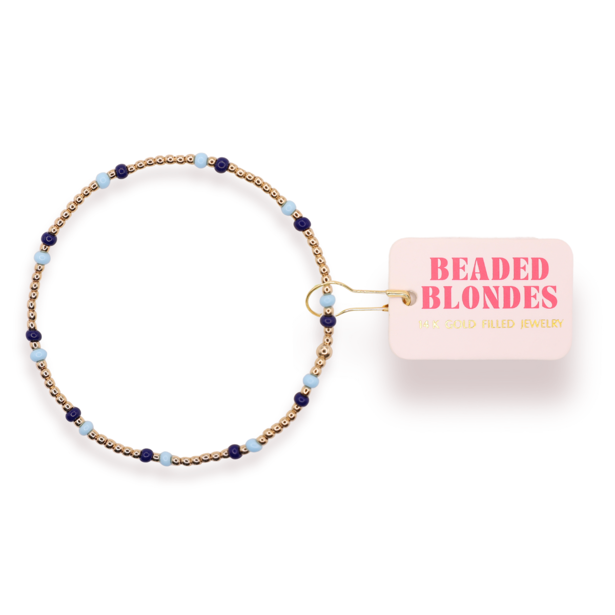Beaded bracelet with a 'Beaded Blondes' branded tag on a white background