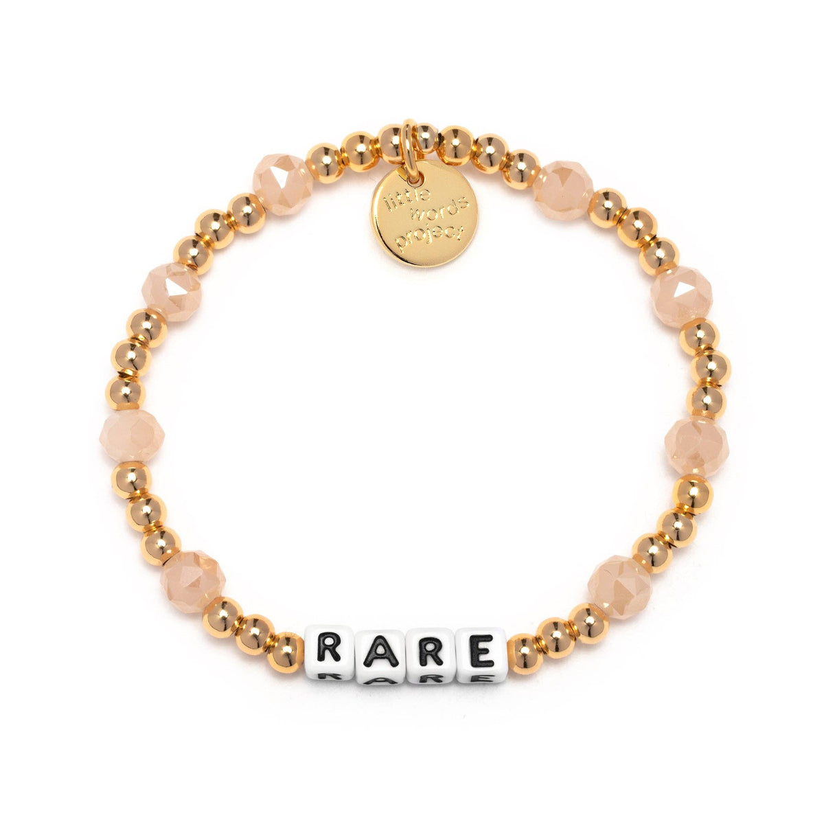 Bracelet with gold and pink beads and a 'RARE' charm on a white background