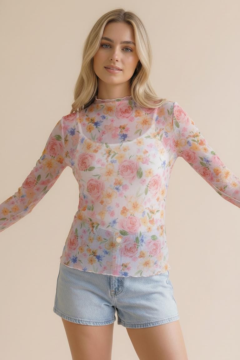 Bright Multi Floral Mesh Top