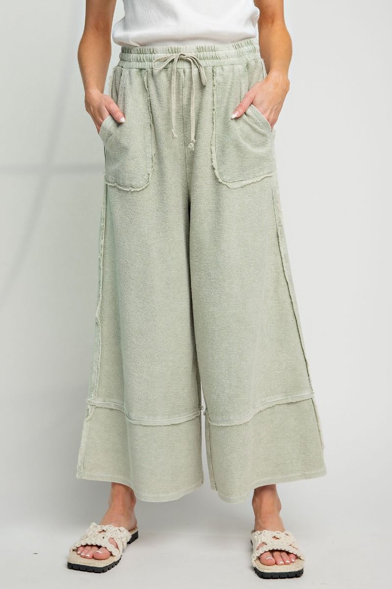 Faded Olive • Mineral Washed Terry Knit Palazzo Pants