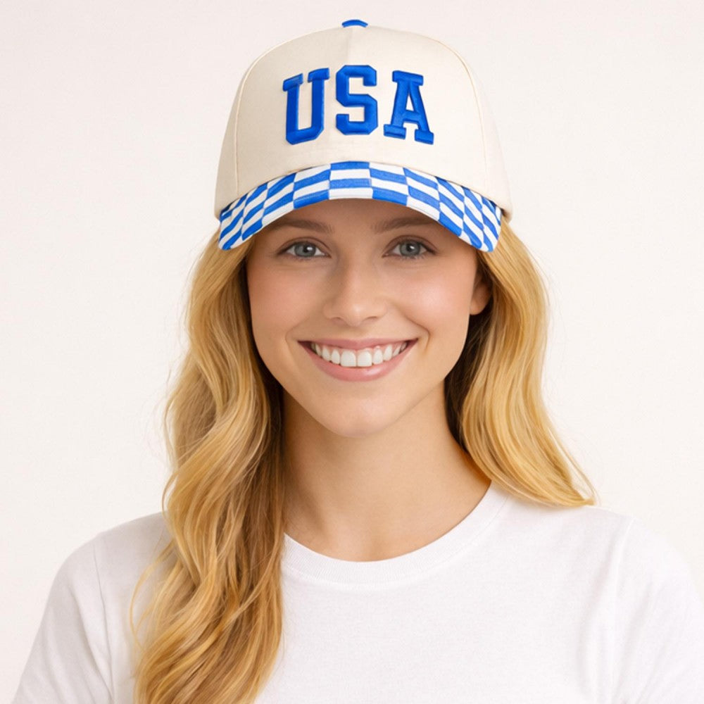 Blue Checkered USA Embroidered Hat