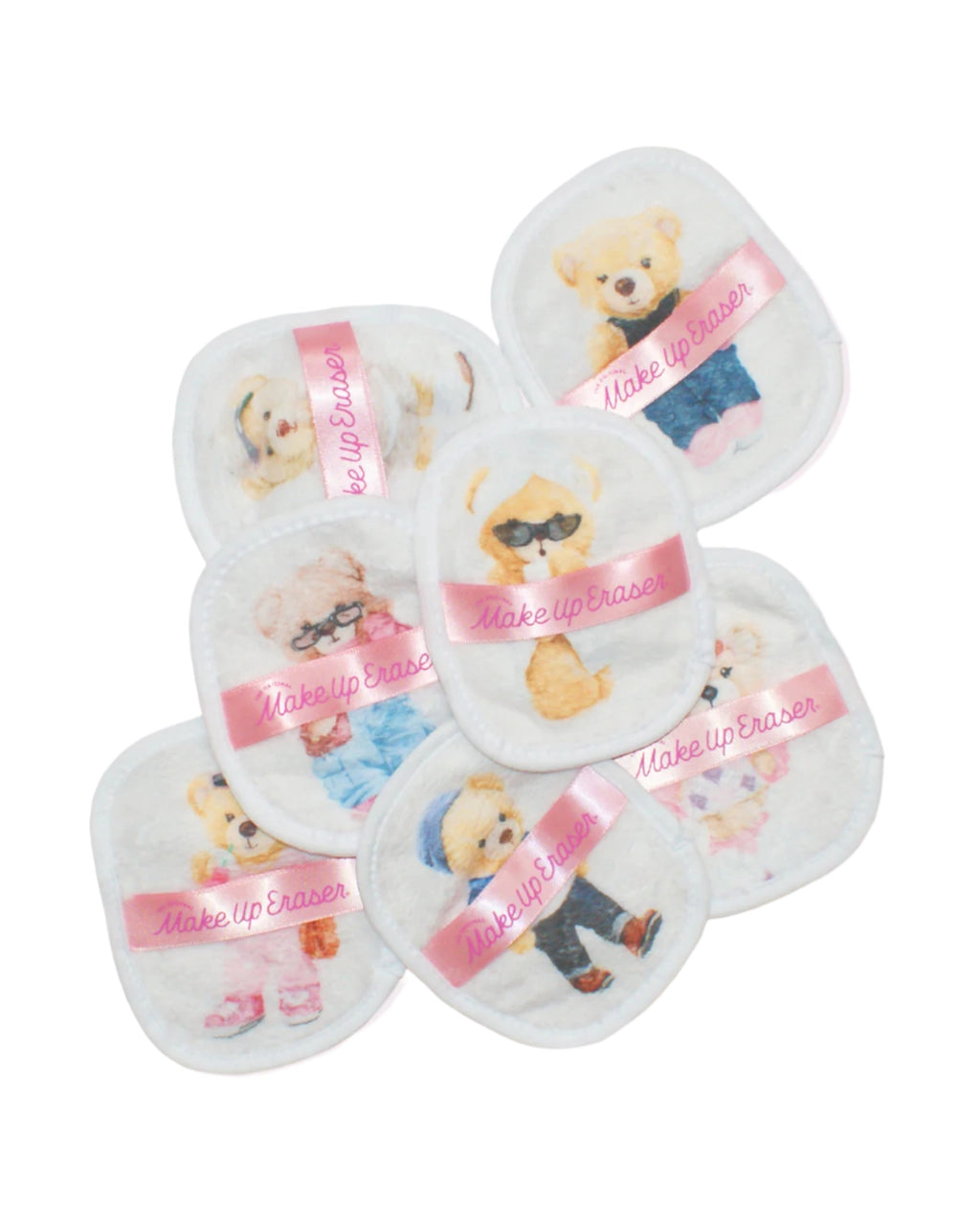 7 makeup erasers with different style teddy bears on them. 