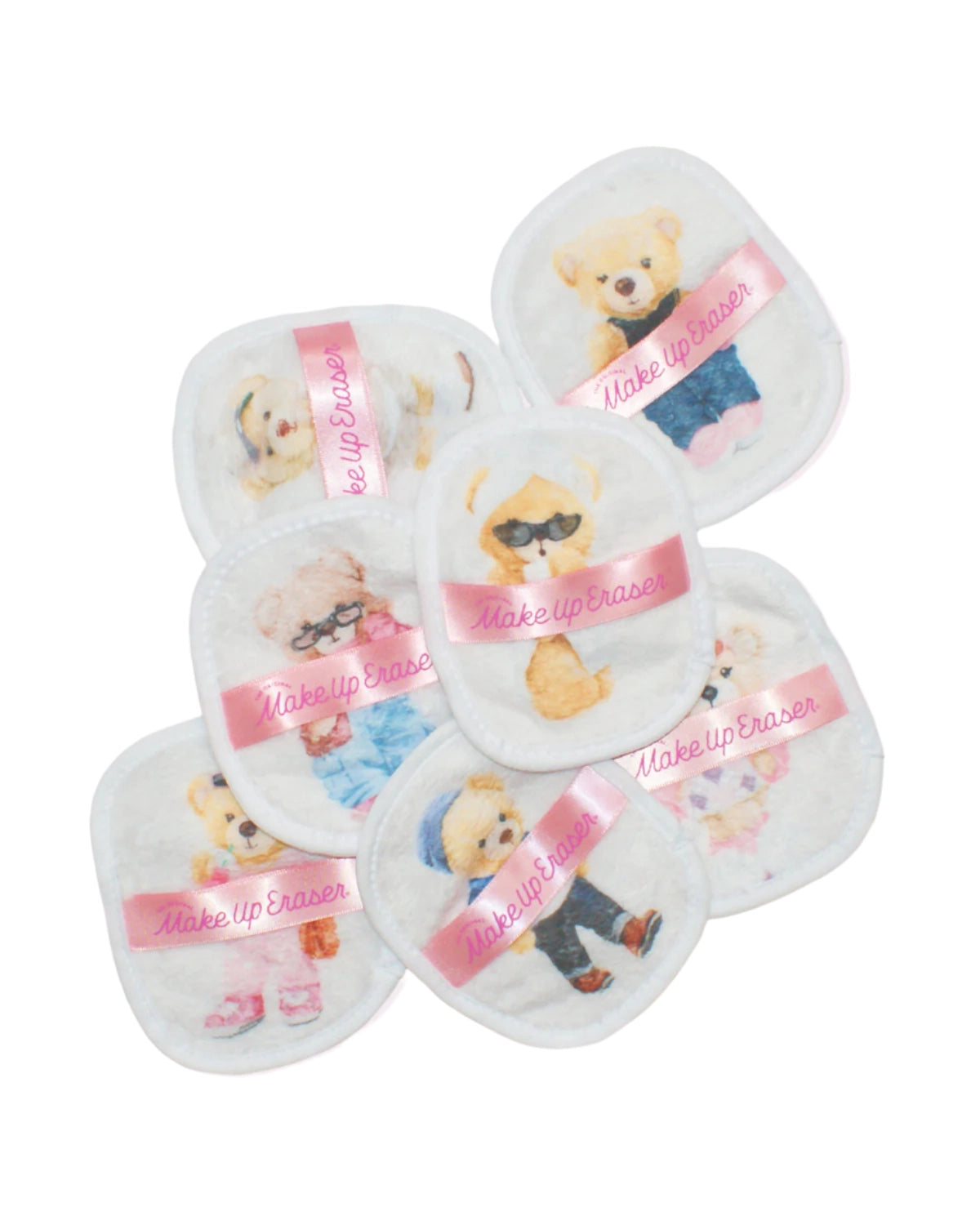 7 makeup erasers with different style teddy bears on them. 