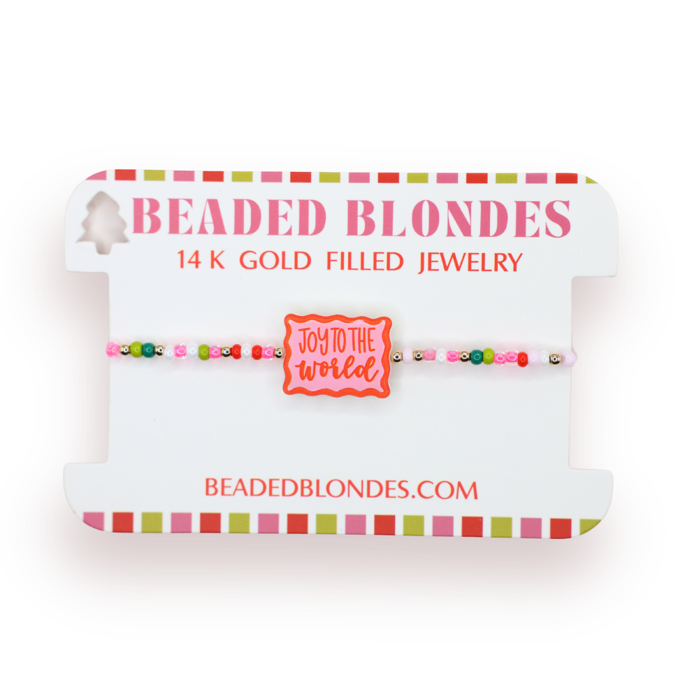 Beaded Blondes jewelry packaging with a colorful bracelet on a white background