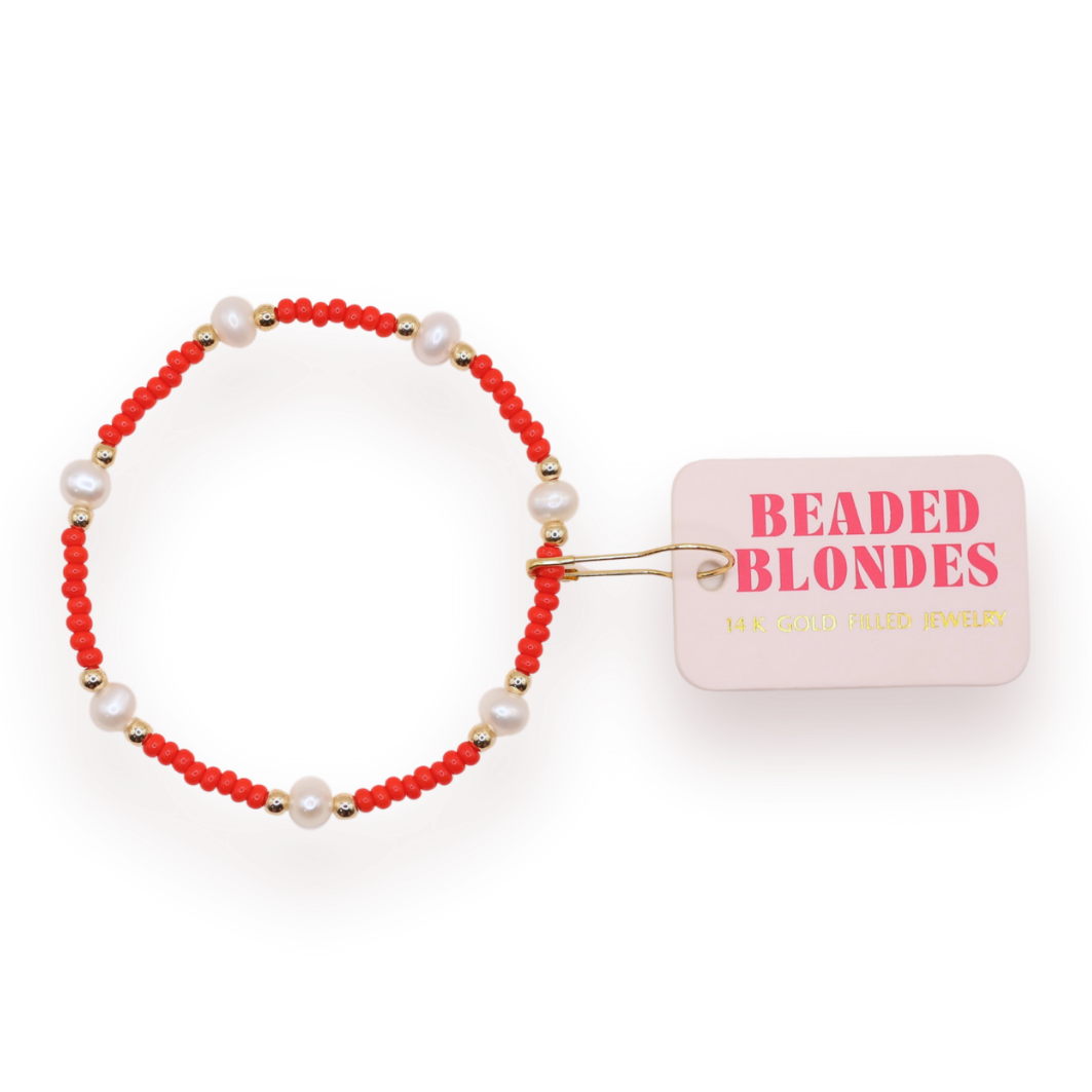 Bright Red Pearl Bracelet: Standard 6.75 inch | Beaded Blondes