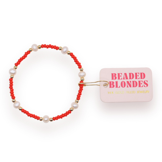 Bright Red Pearl Bracelet: Standard 6.75 inch | Beaded Blondes