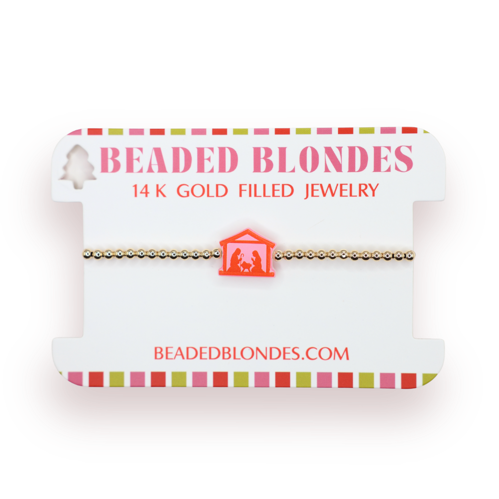 Beaded Blondes 14K gold filled jewelry on a white card with colorful stripes