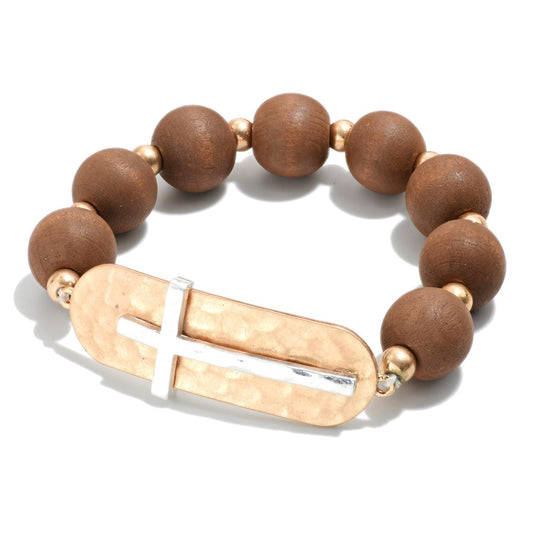 Brown | Wood Bead Cross Bracelet