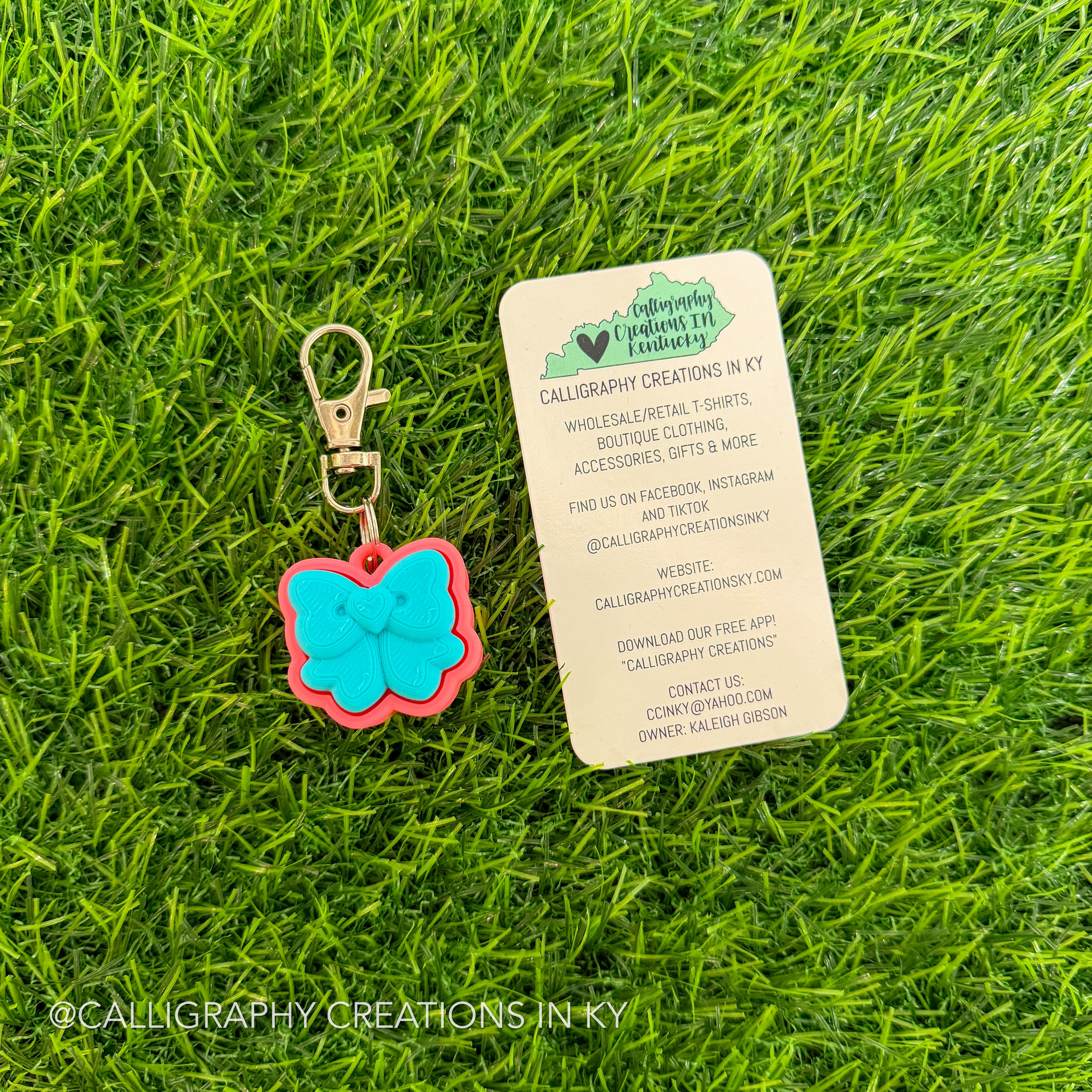 Turquoise/Neon Pink Bow Fidget Clicker Keychain